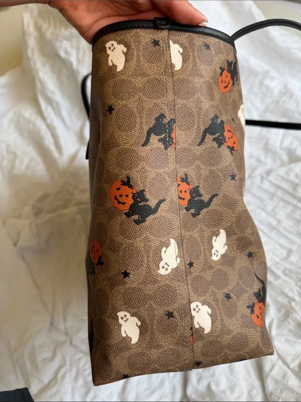 Coach Brown Canvas Tote with Halloween Pumpkin & Ghost Print